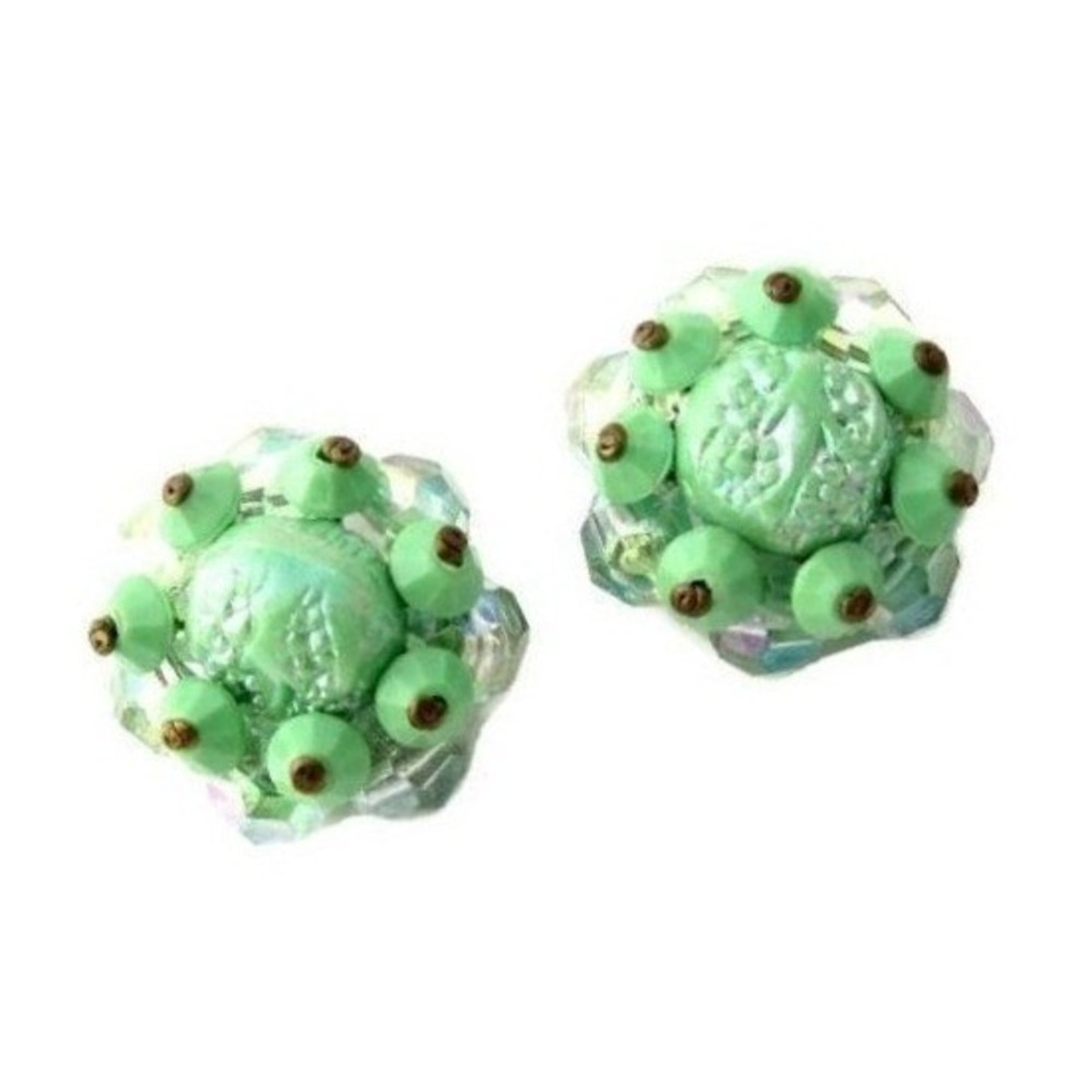 Vintage Green & Ab Beaded Cluster‎ Floral Made in Austria Clip-On Earrings